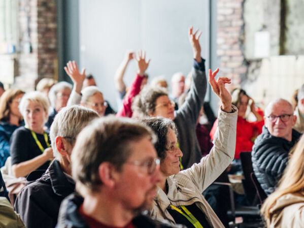 Menschen stimmen per Handzeichen ab.