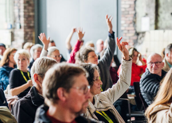 Menschen stimmen per Handzeichen ab.