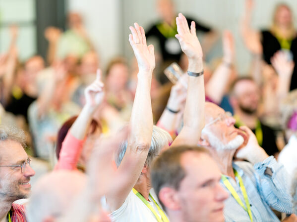 Menschen stimmen per Handzeichen ab.